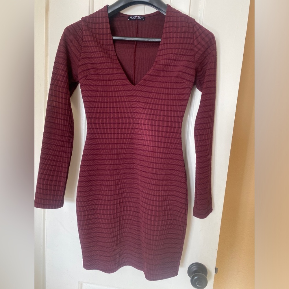 Fashion Nova Deep Burgundy Long Sleeve Dress
